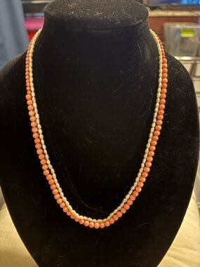 Genuine Freshwater Pearl And Pink Coral 2 Strand Necklace 22”